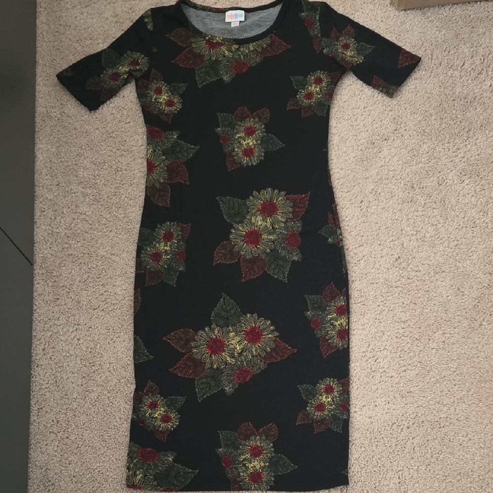 LuLaRoe Black Midi Dress with Red and Green Floral Pattern